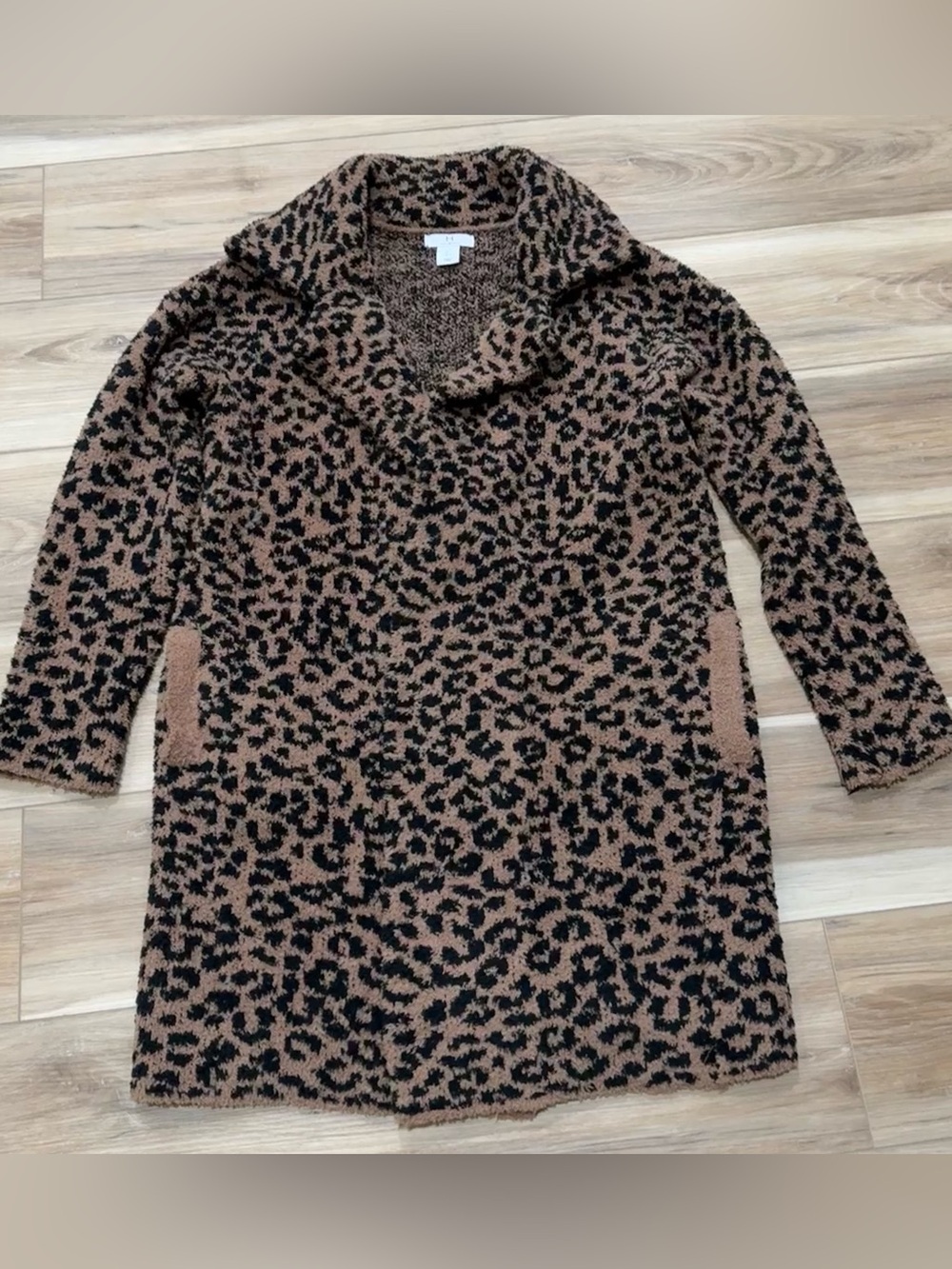 H by Halston leopard-print knit duster cardigan sweater pockets S